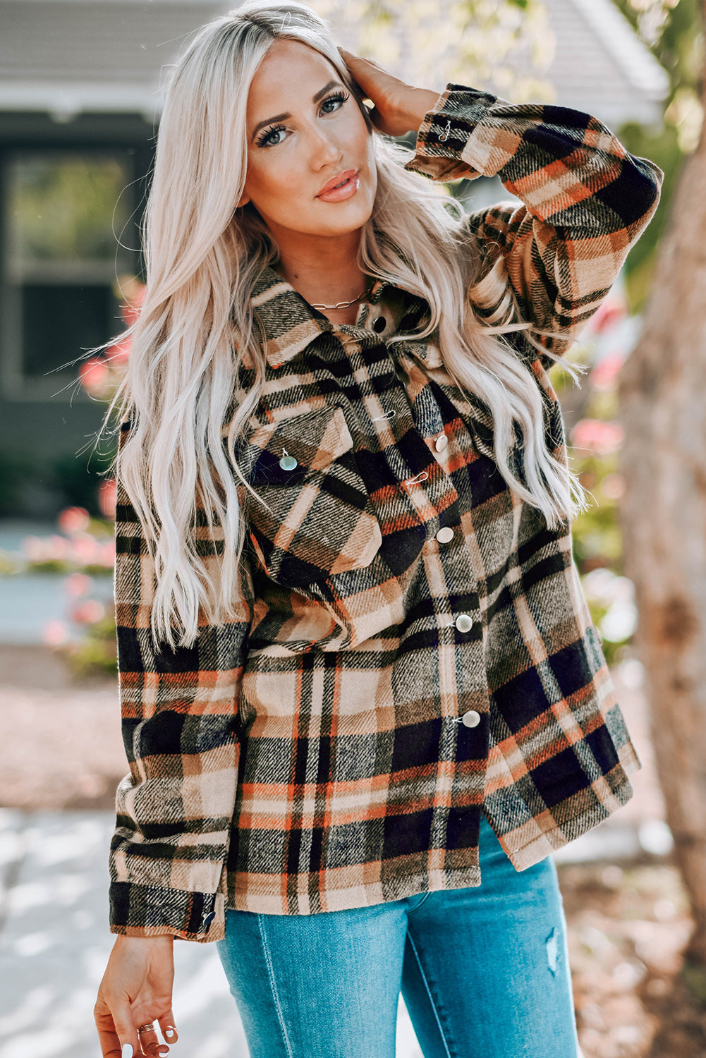 Fiery Red Geometric Plaid Print Pocketed Shacket