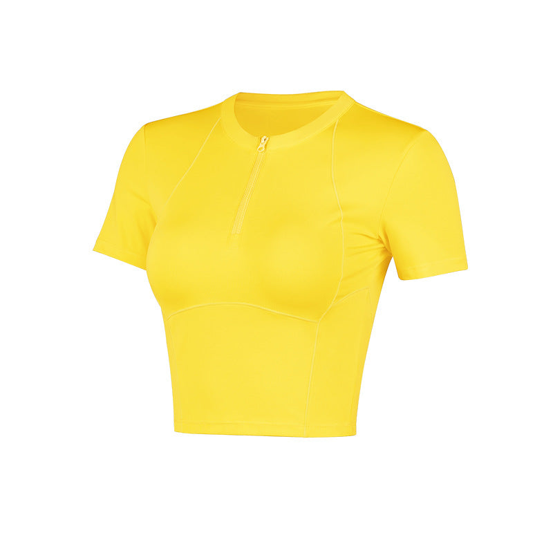 Semi-Zip Fitness Shirt for Women, Running Quick-Dry Sport Short Sleeve T-Shirt, Slim-Fit Lightweight Casual Top