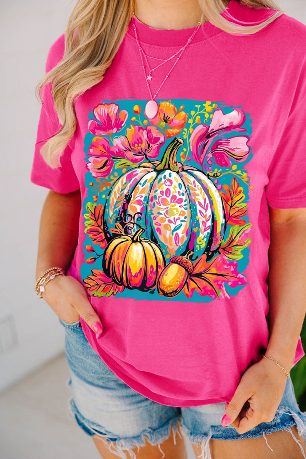 Rose Red Floral Pumpkin Graphic Print Crewneck Relaxed T-Shirt