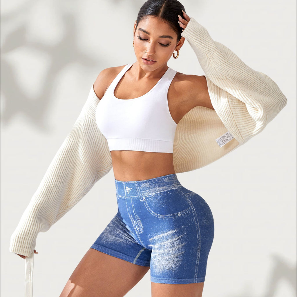 Denim Seamless Yoga Shorts for Women, Back V-Waist Hip-Lifting Quick-Dry Fitted Running Fitness Shorts