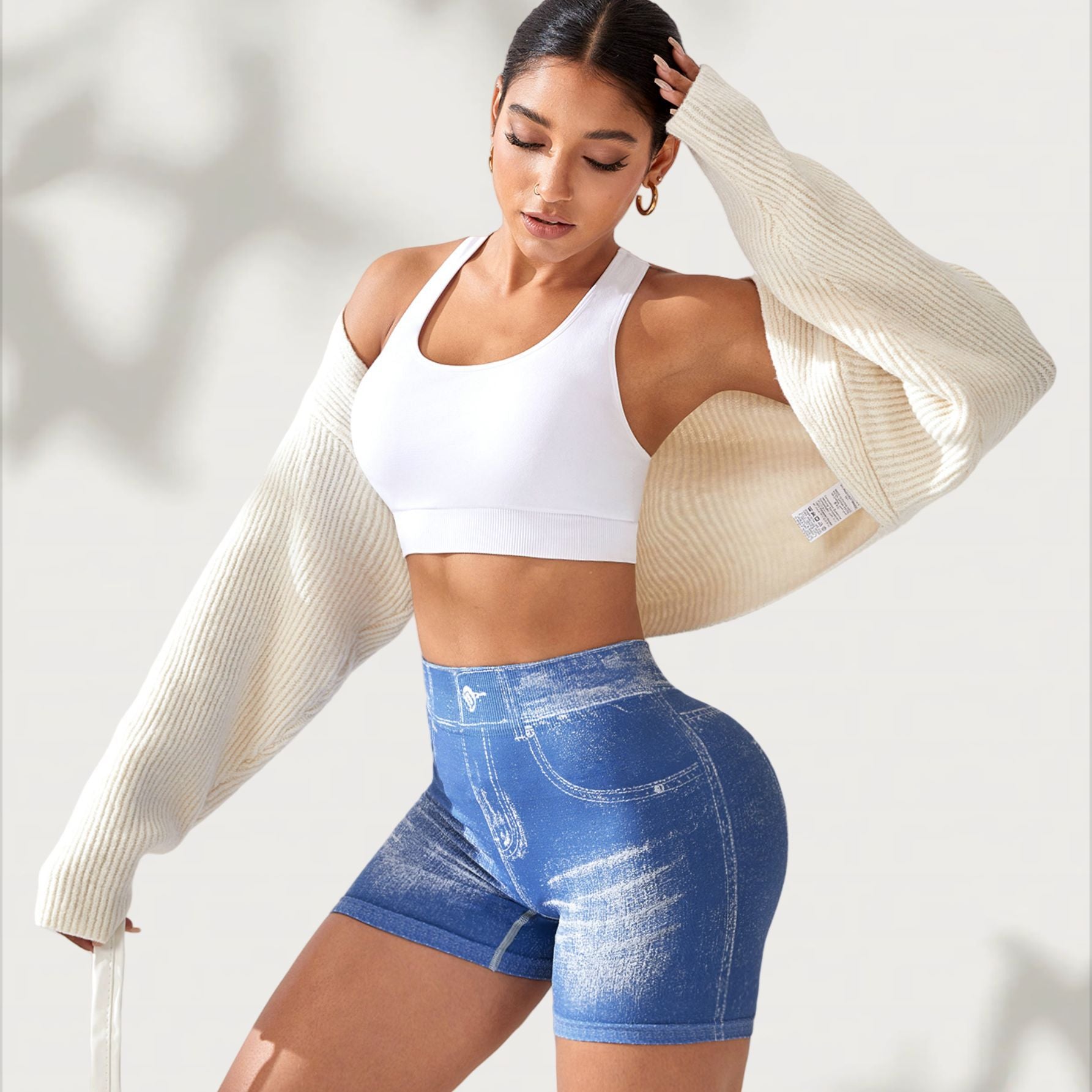 Denim Seamless Yoga Shorts for Women, Back V-Waist Hip-Lifting Quick-Dry Fitted Running Fitness Shorts