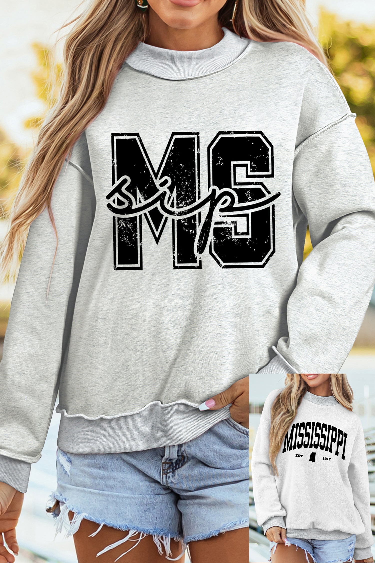 Light Grey MS MISSISSIPPI Double Side Printed Mock Neck Reversible Sweatshirt