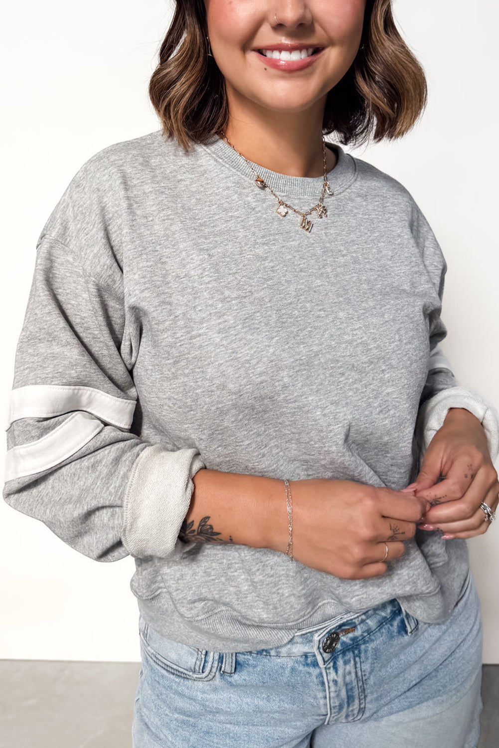 Fiery Red Varsity Striped Detail Crew Neck Plus Sweatshirt