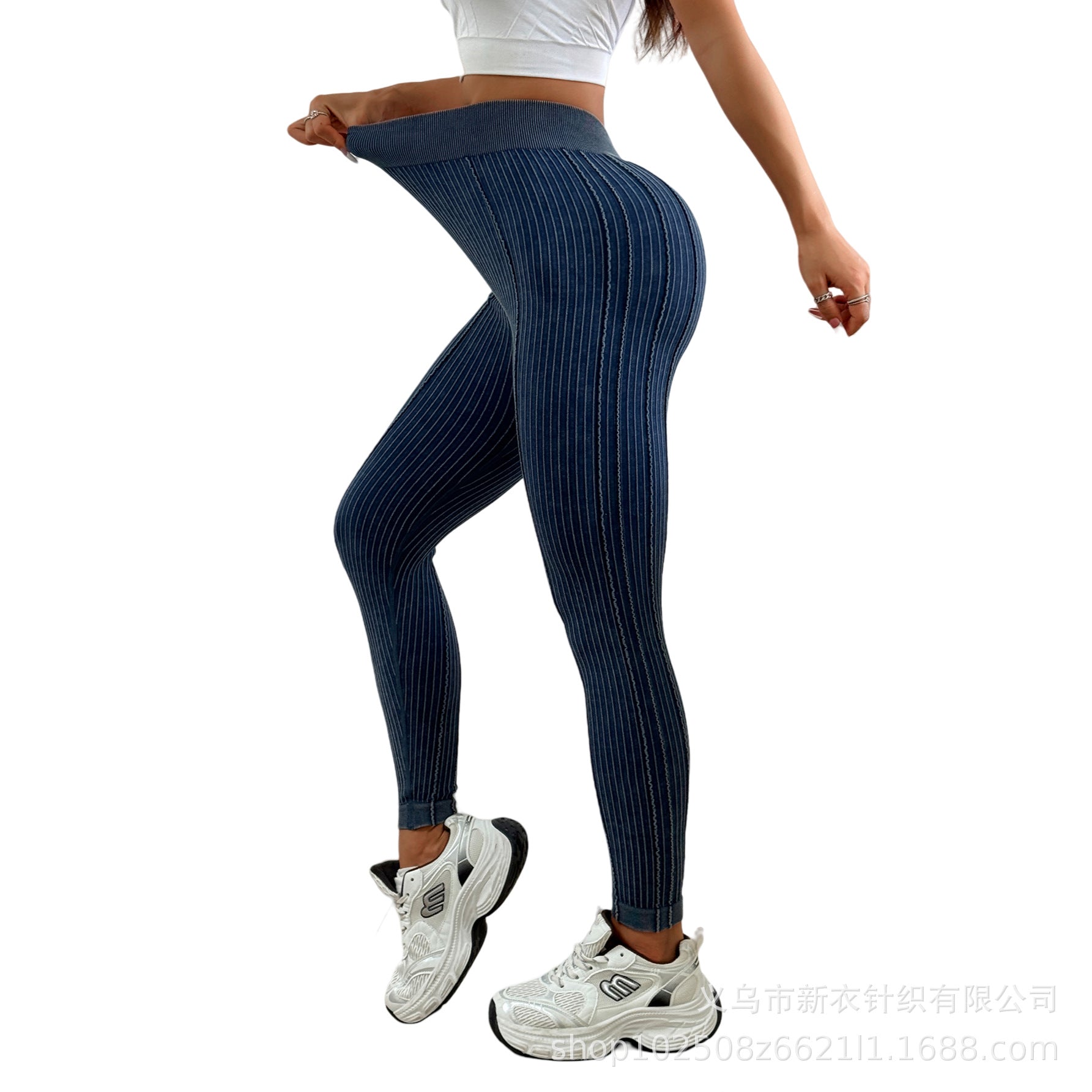 Back V Waist Peach Butt Sand Wash Yoga Pants for Women, Ribbed High Waist Lift-Up Fitness Tights