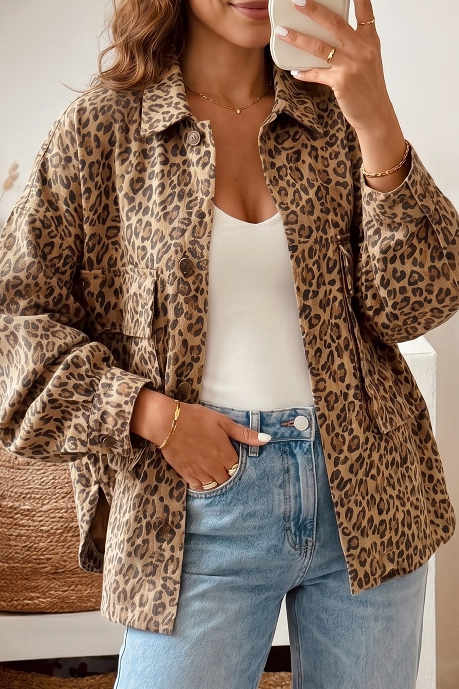 Khaki Leopard Print Collar Long Sleeve Patch Pocket Shift Denim Jacket