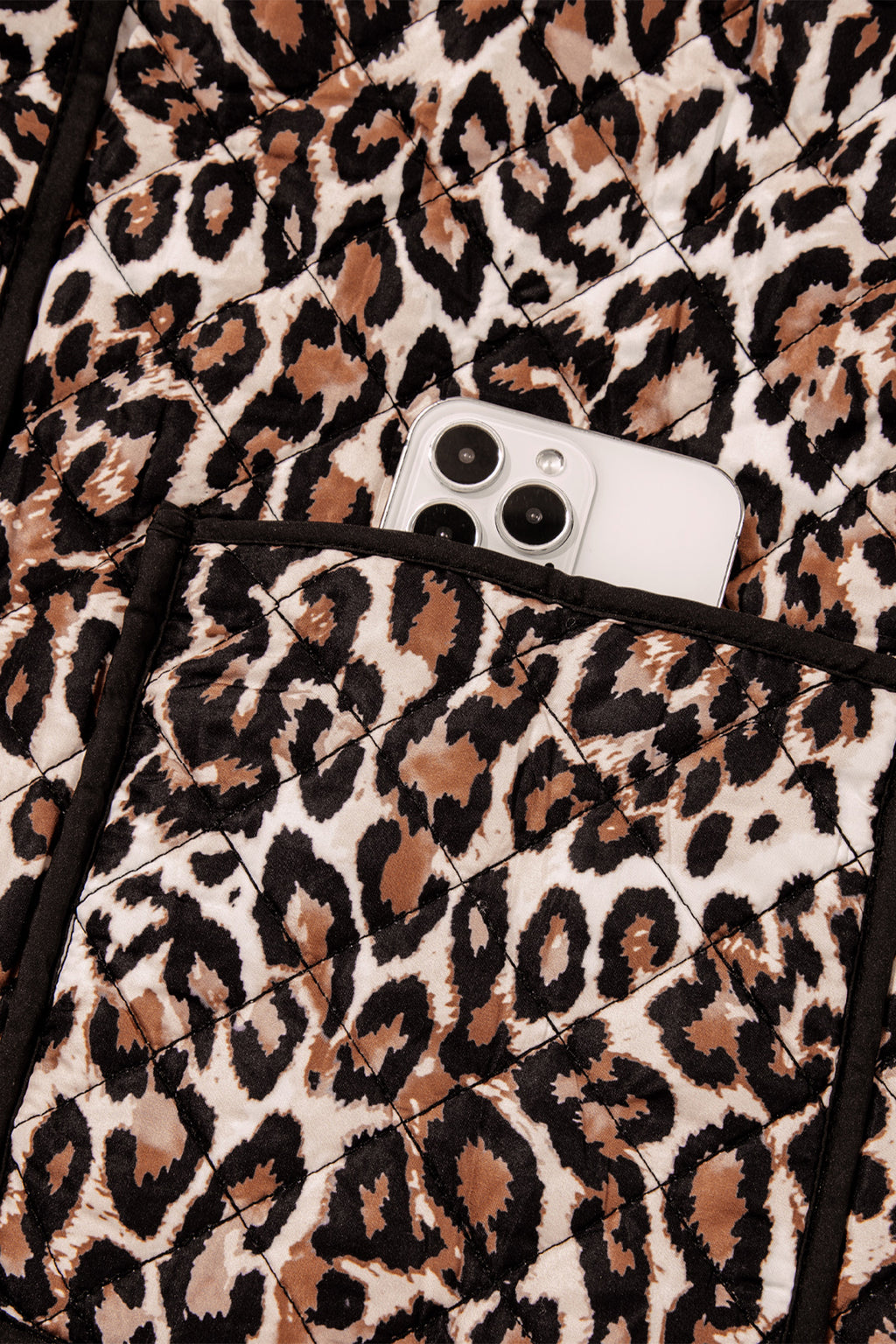 Brown Leopard Print Quilted Button Front Patch Pockets Jacket