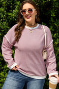 Light Pink Contrast Trim Knitted Drop Shoulder Plus Size Top