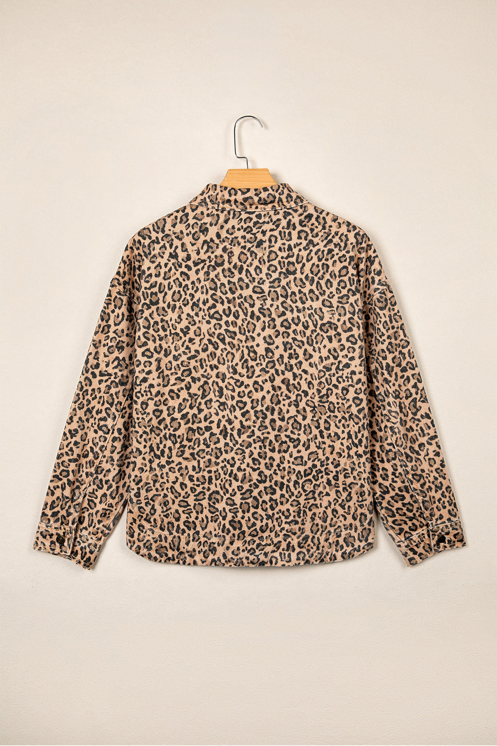 Khaki Leopard Print Collar Long Sleeve Patch Pocket Shift Denim Jacket