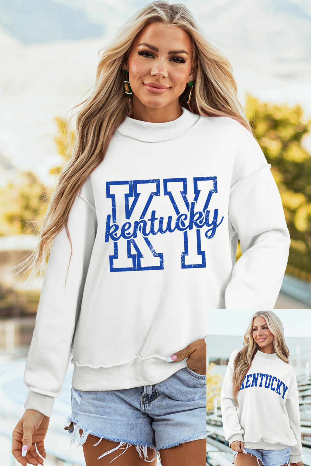 White Kentucky Graphic Mock Neck Reversible Sweatshirt