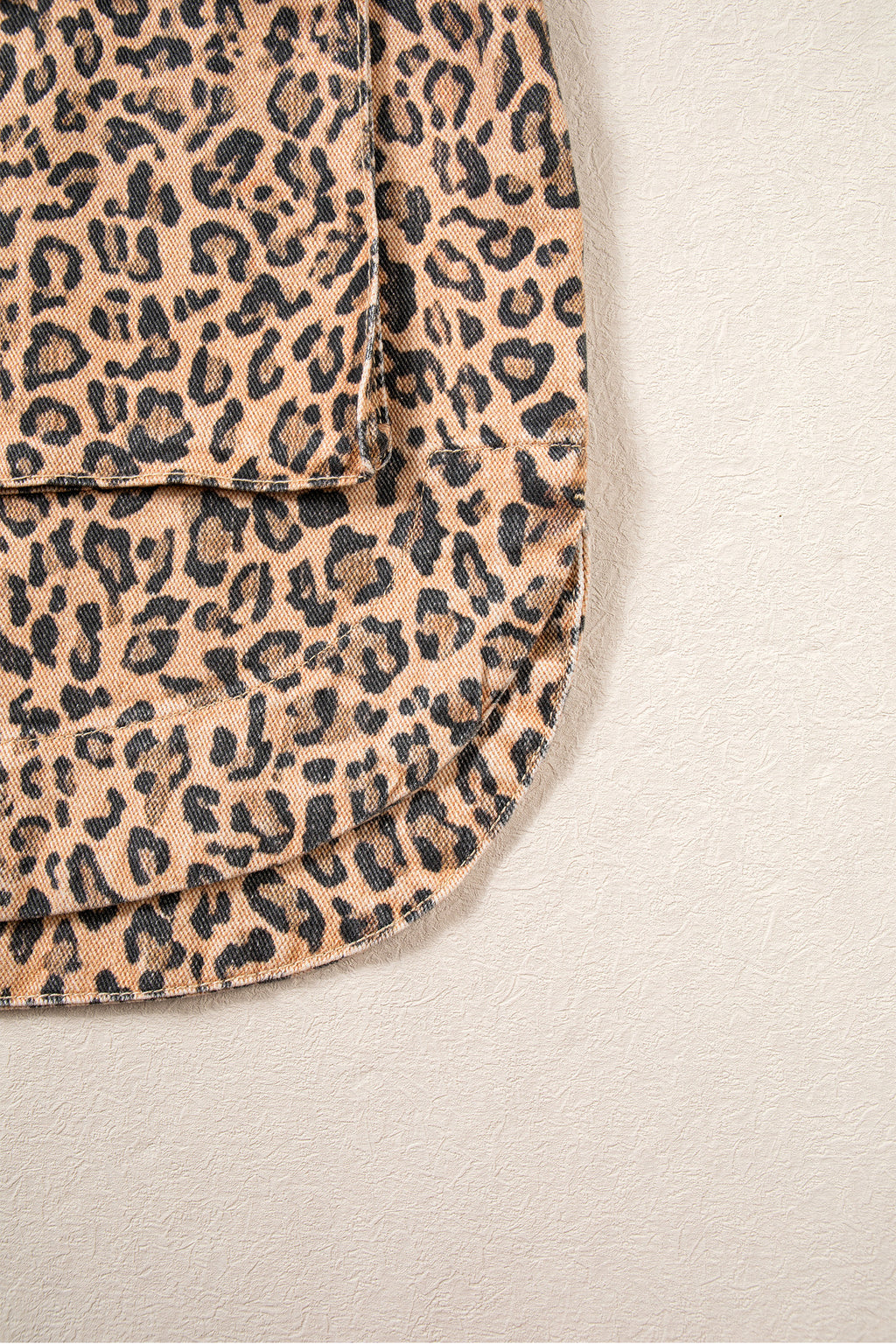 Khaki Leopard Print Collar Long Sleeve Patch Pocket Shift Denim Jacket