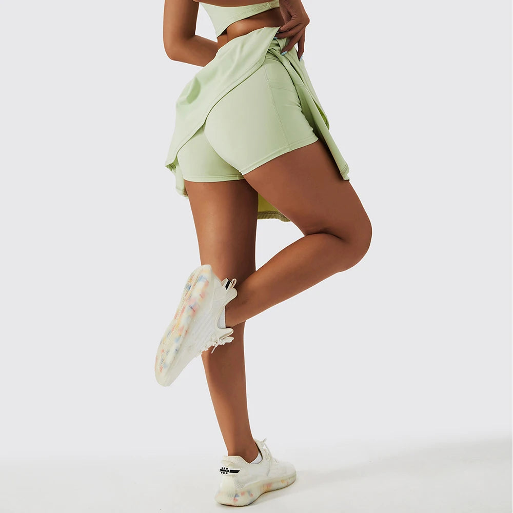 Spring Nude Feeling Tennis Skirt Fitness Badminton Fake Two-Piece Sports Culottes Pocket Running Casual Mini Skirt