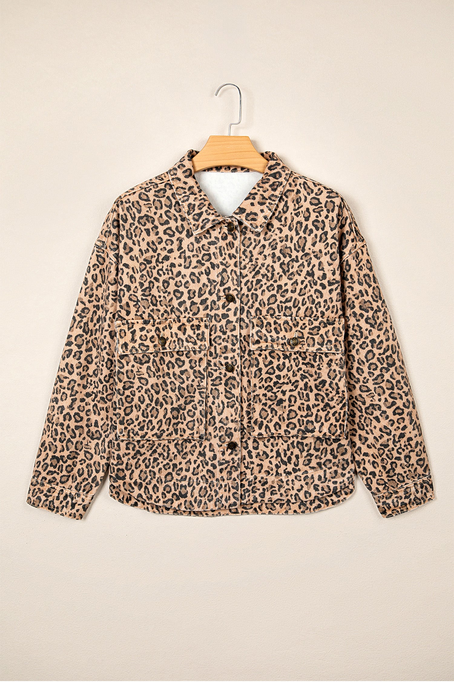 Khaki Leopard Print Collar Long Sleeve Patch Pocket Shift Denim Jacket