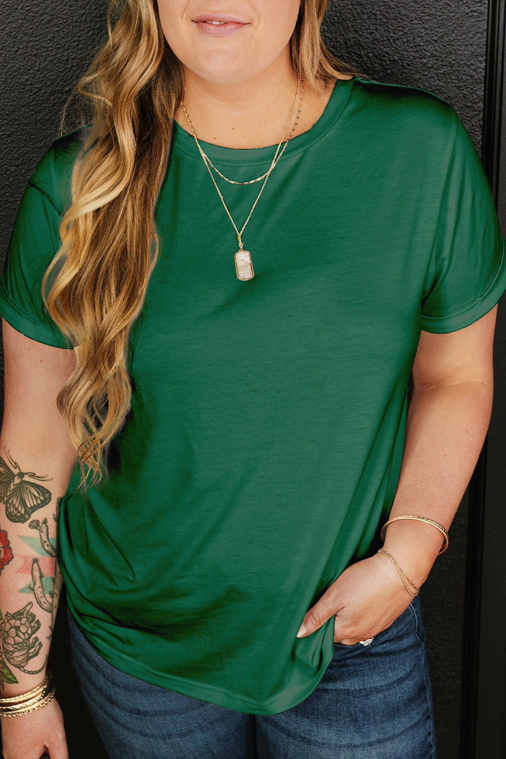 Iceland Blue Round Neck Rolled Sleeve Plus Size T-shirt
