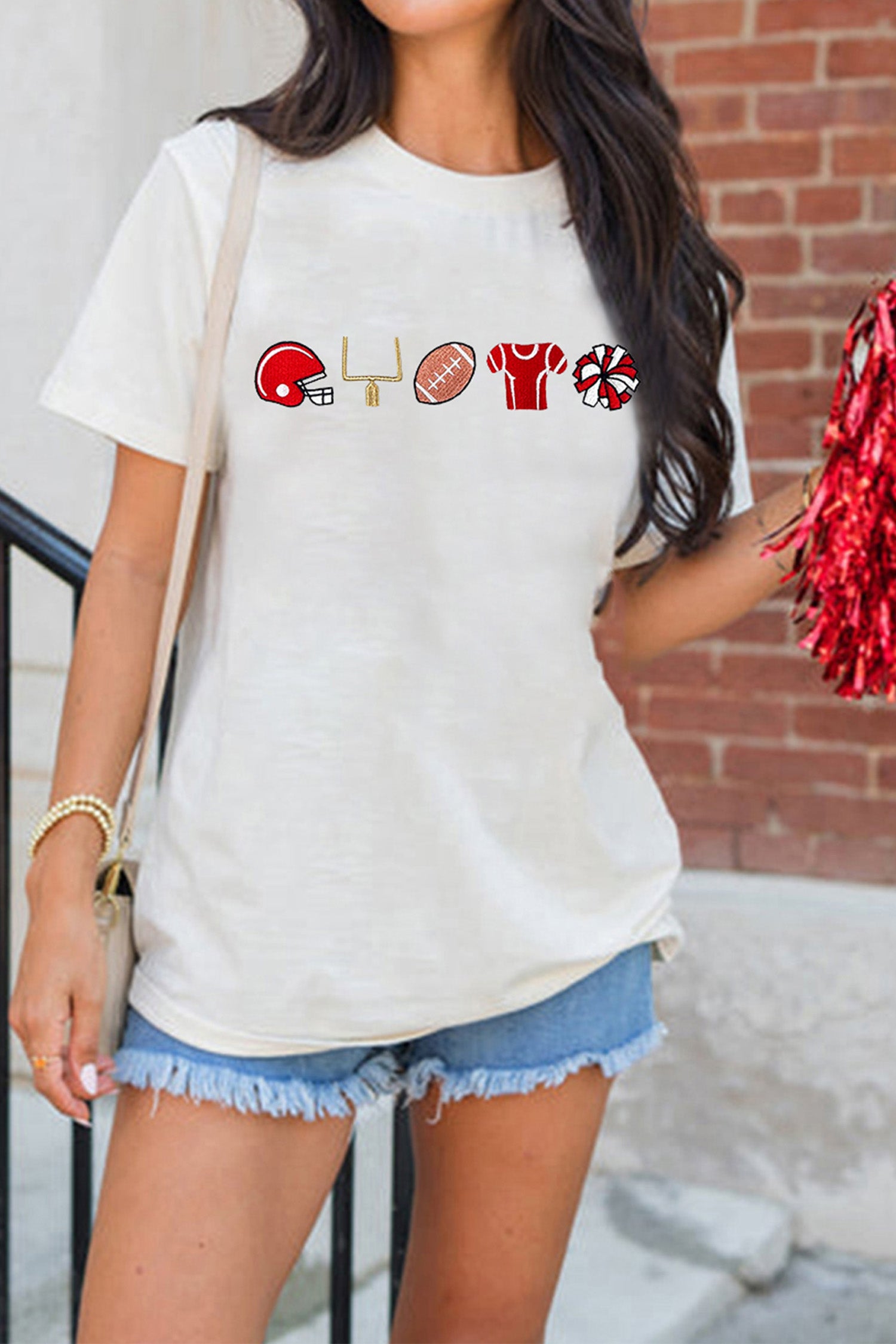 White Embroidered Game Day Theme Football Graphic Tee