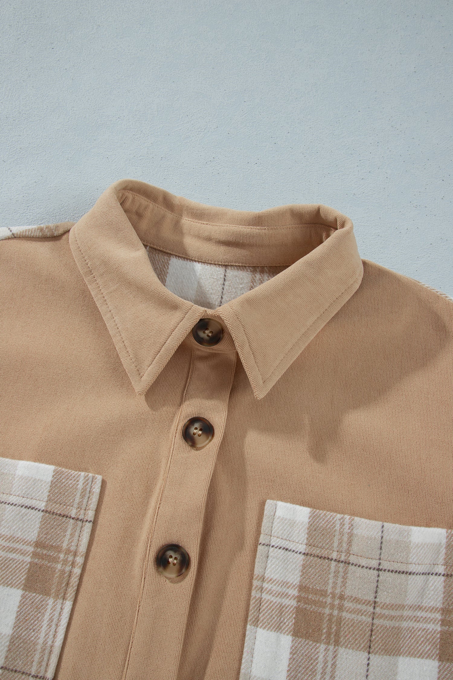 Light French Beige Plaid Colorblock Shirt Collar Shift Shacket
