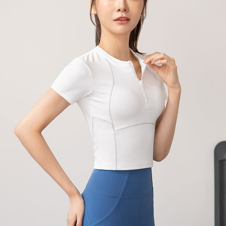 Semi-Zip Fitness Shirt for Women, Running Quick-Dry Sport Short Sleeve T-Shirt, Slim-Fit Lightweight Casual Top