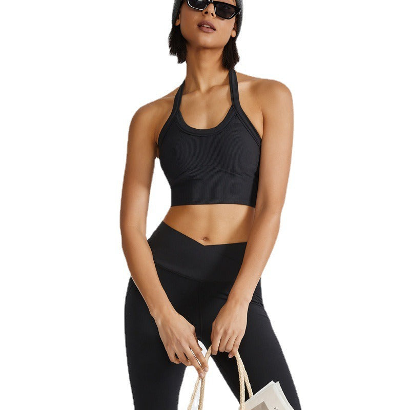 New Fitness Sports Bra Underwear Women Ribbed Hanging Neck Shock Absorbent Yoga Tank Top