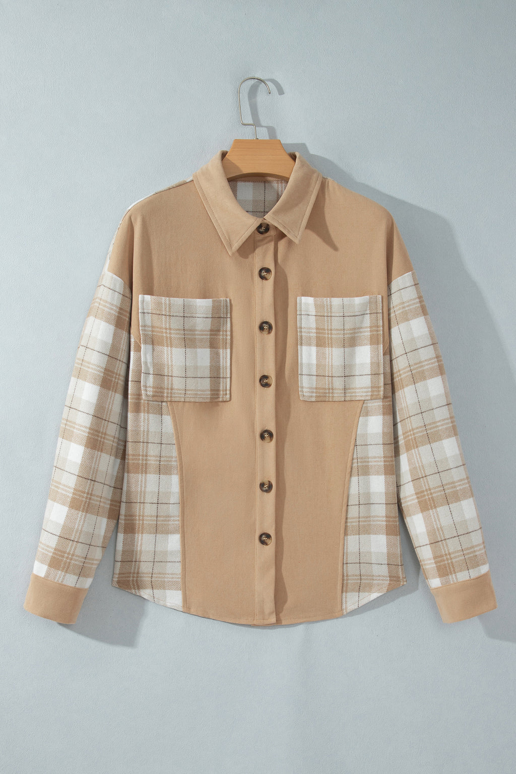 Light French Beige Plaid Colorblock Shirt Collar Shift Shacket
