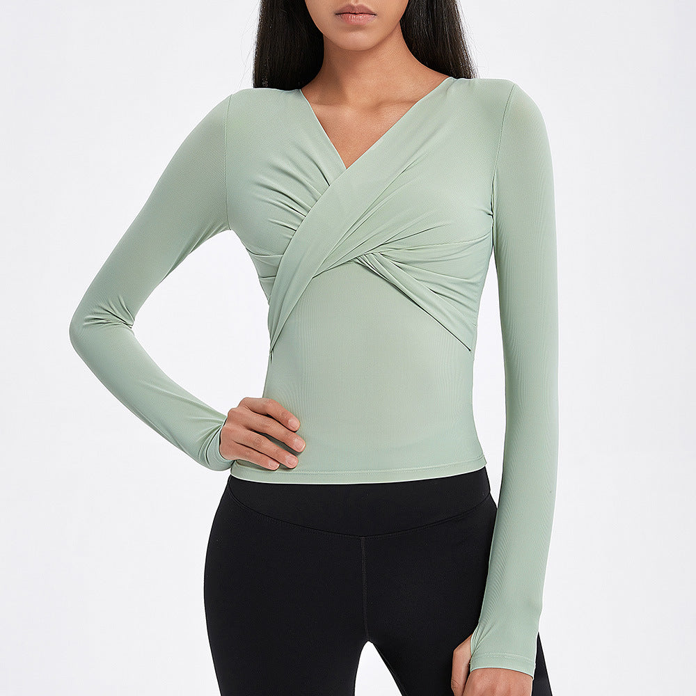 Autumn and Winter New Cross Pleated V-Neck Sports Top Long Sleeve Tight Nude Yoga Clothes Running Gymnastics Clothes