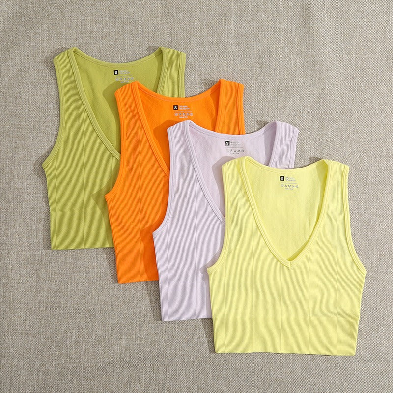 Yoga Thread Sexy V-Neck Tank Top Fast Running Fitness Bra Skin Touching Naked Sports Bra