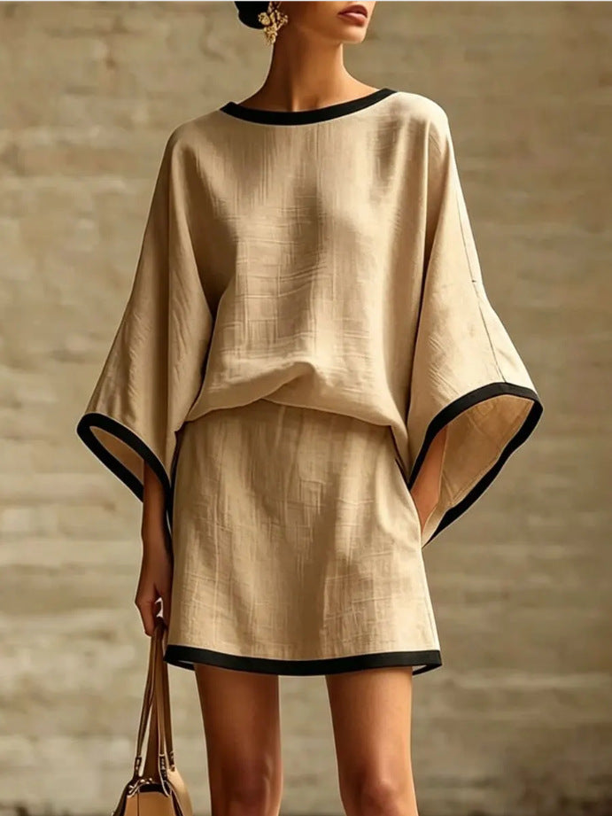 Cotton Linen Casual Batwing Sleeve Top and Skirt Two-Piece Set for Women