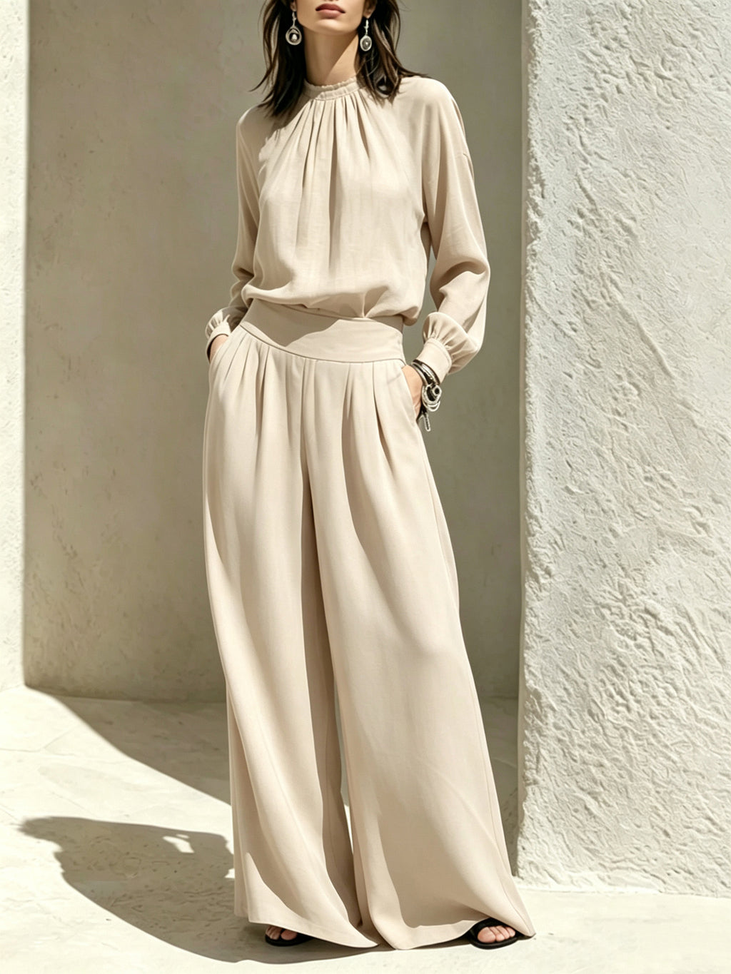Casual Solid Color Long Sleeve Stand-up Collar Loose Fit Women's Fashion Set BlouseWide-leg Pants