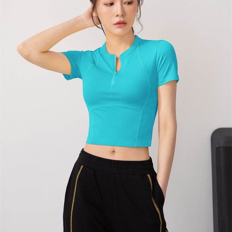 Semi-Zip Fitness Shirt for Women, Running Quick-Dry Sport Short Sleeve T-Shirt, Slim-Fit Lightweight Casual Top