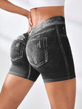 Denim Seamless Yoga Shorts for Women, Back V-Waist Hip-Lifting Quick-Dry Fitted Running Fitness Shorts