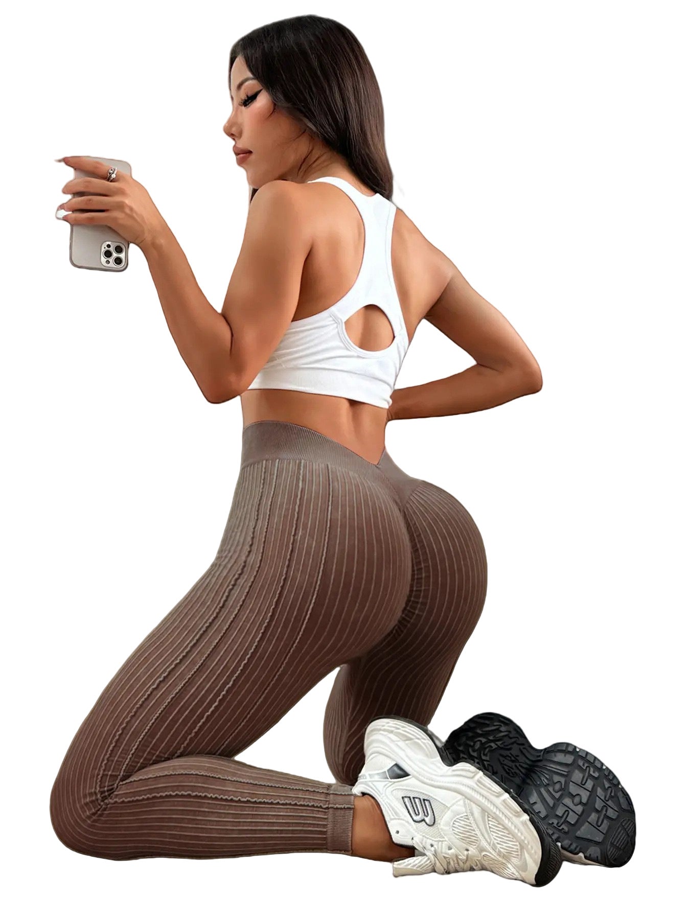 Back V Waist Peach Butt Sand Wash Yoga Pants for Women, Ribbed High Waist Lift-Up Fitness Tights