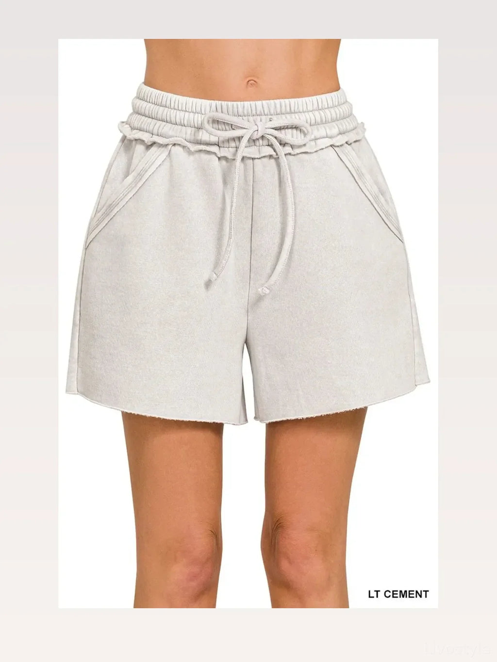 Acid Wash Fleece Drawstring Shorts With Pockets in LT CEMENT
