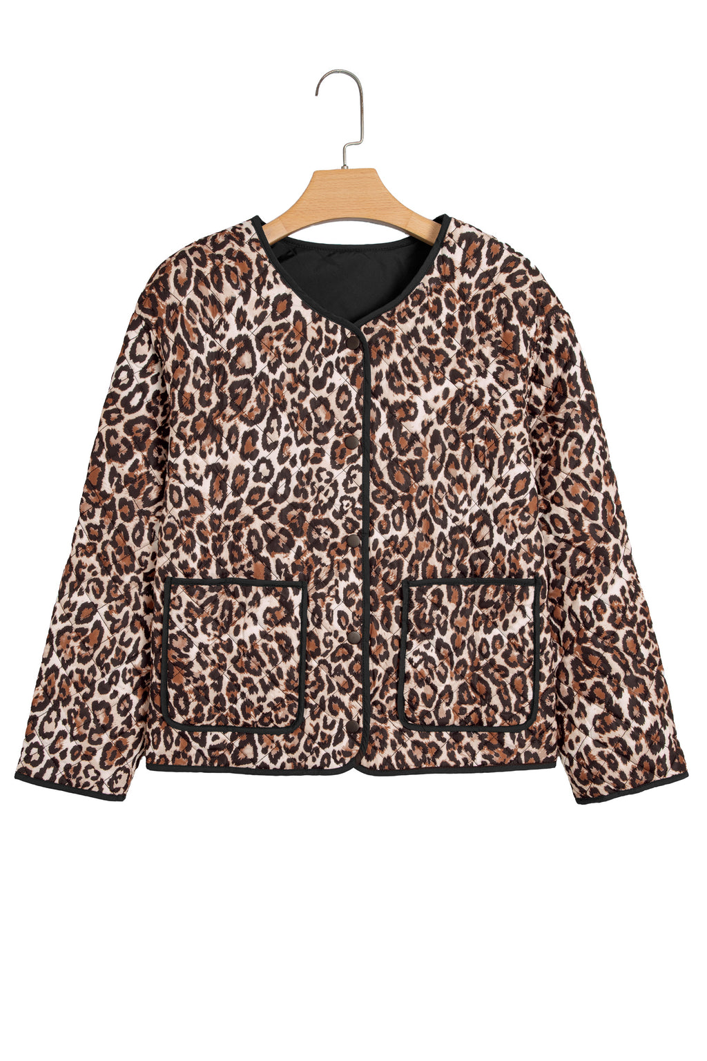 Brown Leopard Print Quilted Button Front Patch Pockets Jacket