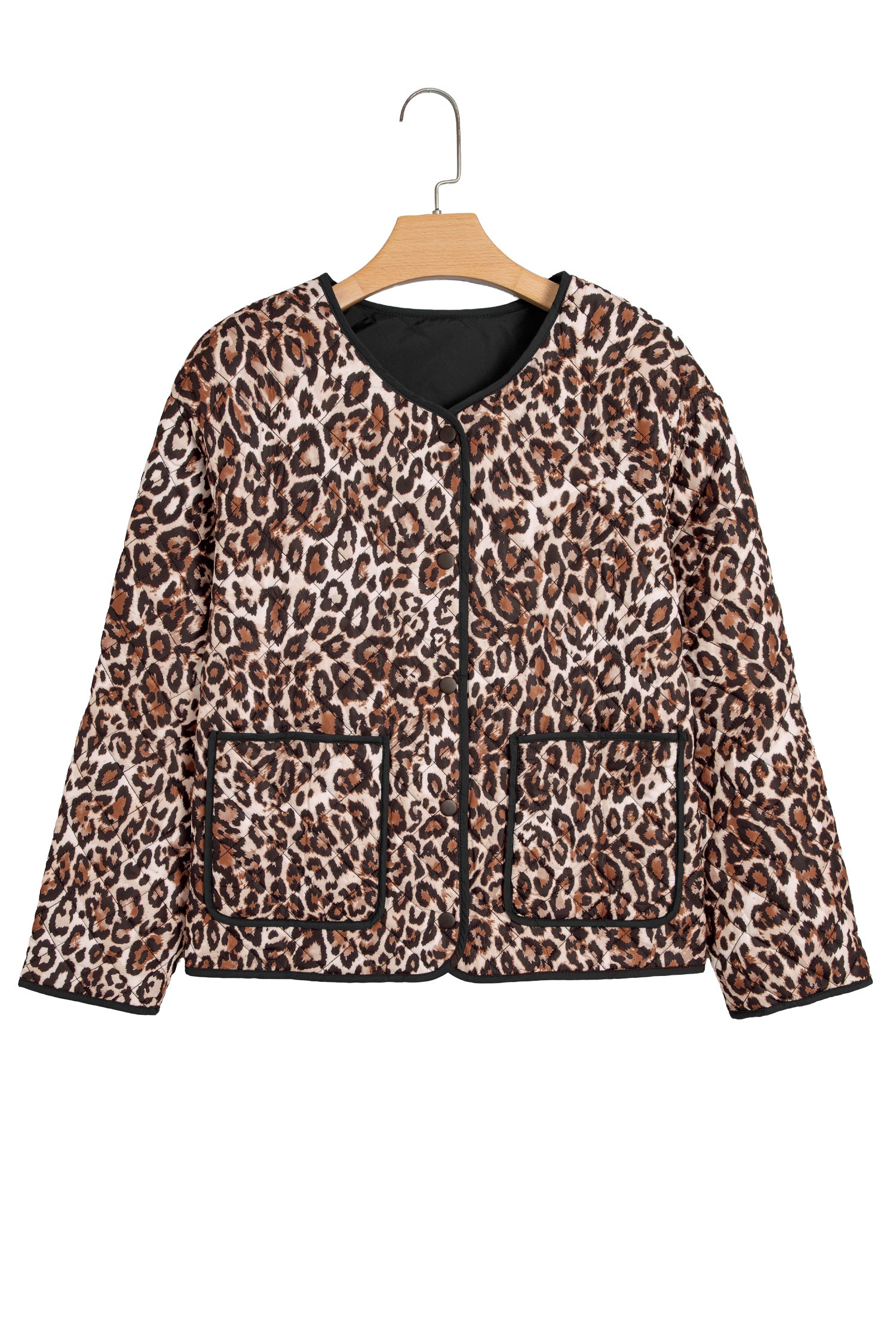 Brown Leopard Print Quilted Button Front Patch Pockets Jacket