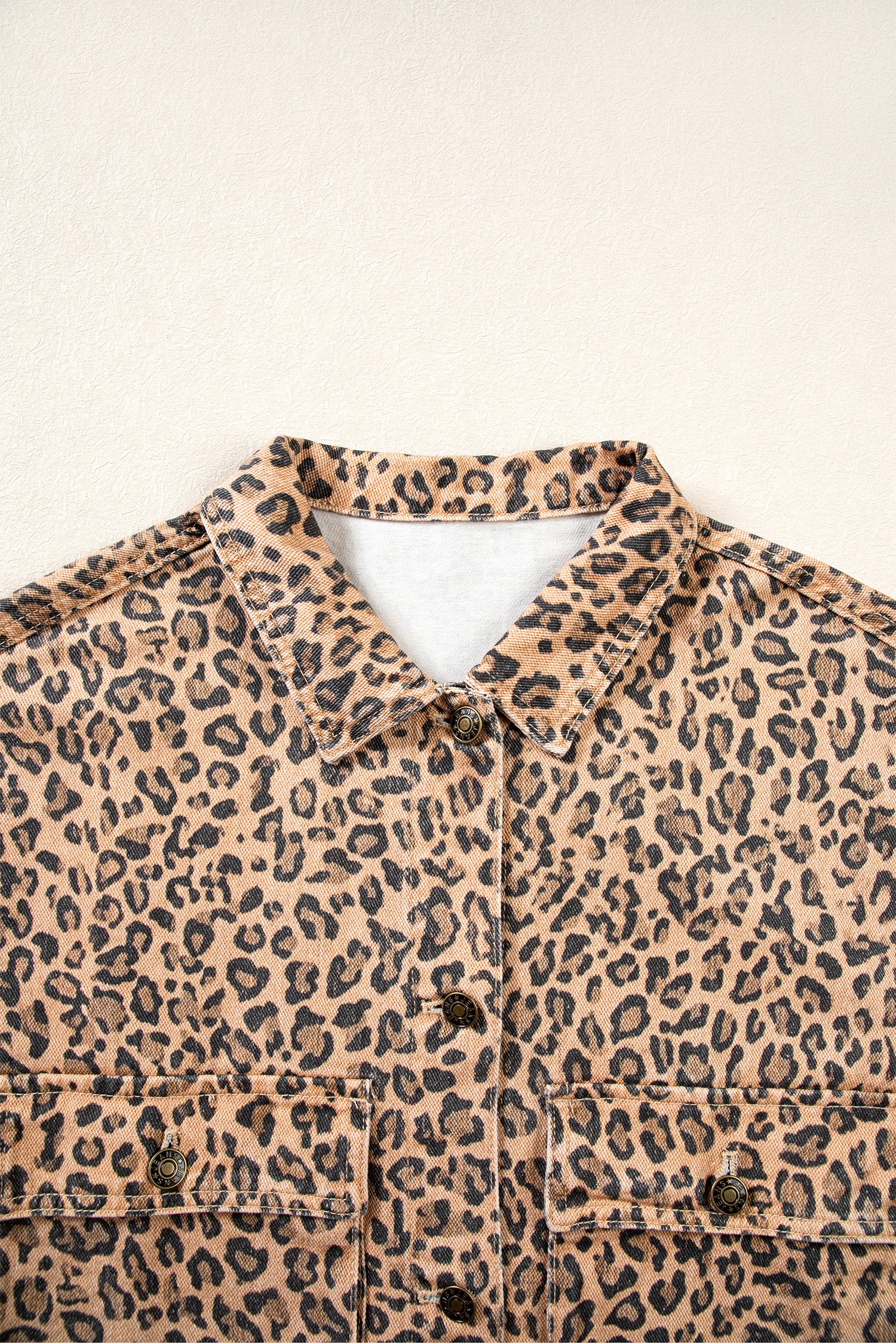 Khaki Leopard Print Collar Long Sleeve Patch Pocket Shift Denim Jacket