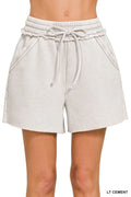 Acid Wash Fleece Drawstring Shorts With Pockets in LT CEMENT