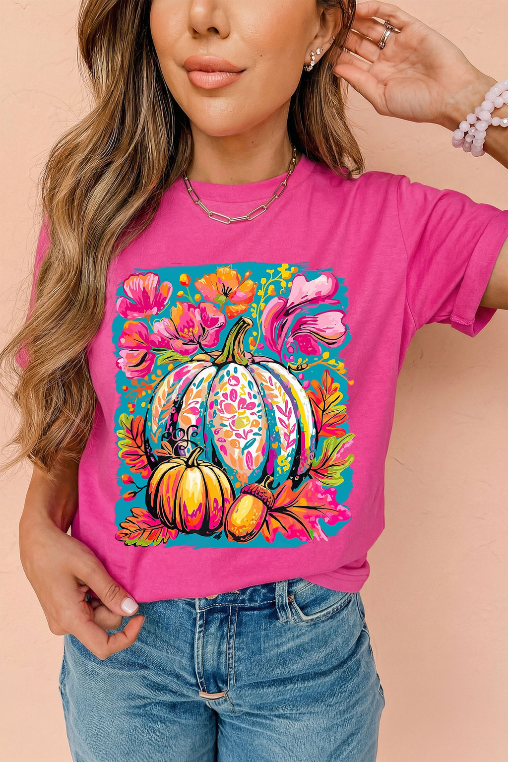 Rose Red Floral Pumpkin Graphic Print Crewneck Relaxed T-Shirt